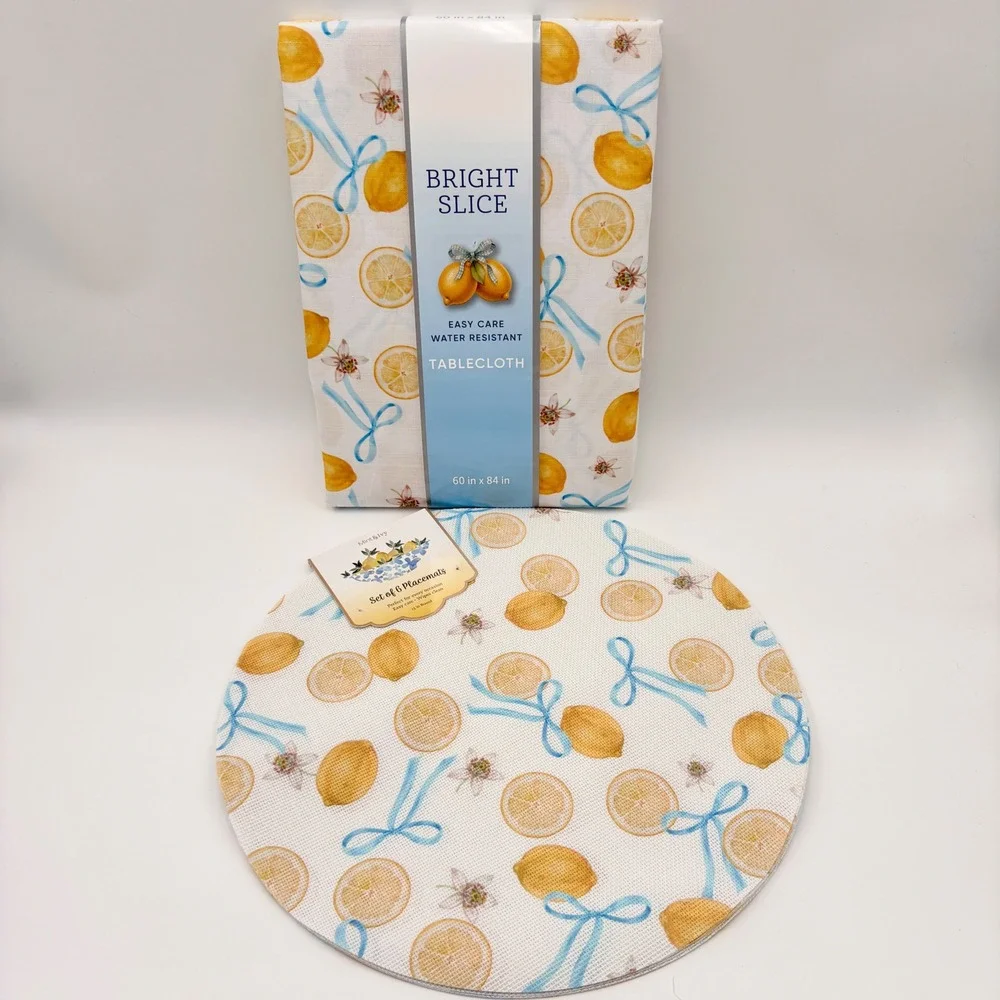 Bright Slice Lemon Tablecloth 60x84 & Mint Ivy‎ 6 Placemats Set Blue Bow Citrus